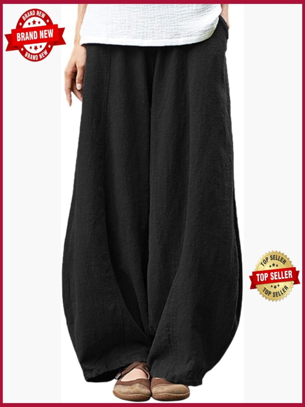 Womens Casual Cotton Linen Baggy Pants Elastic Waist Relax Fit Lantern Trouser